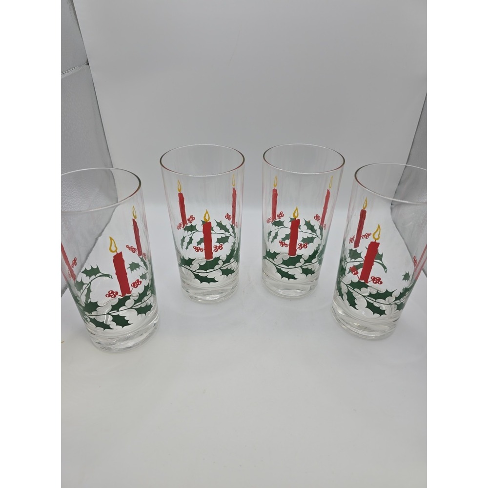 Vintage Christmas Tumbler Glasses Holly & Candle Print Holiday MCM Set Of 4